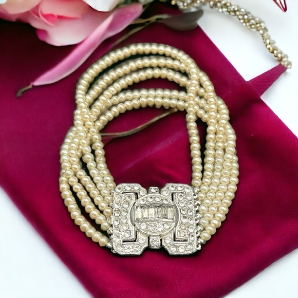 Antique Art Deco 5 Strands Crystal Rhinestone Ivory Faux...